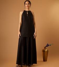 Sleeveless chanderi short kurti and sharara with embroidered katan dupatta in black
