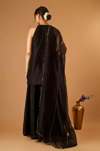 Sleeveless chanderi short kurti and sharara with embroidered katan dupatta in black
