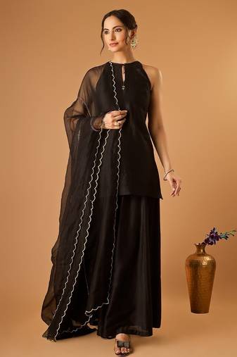Sleeveless chanderi short kurti and sharara with embroidered katan dupatta in black