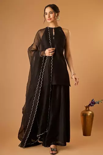 Sleeveless chanderi short kurti and sharara with embroidered katan dupatta in black