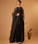 Sleeveless chanderi short kurti and sharara with embroidered katan dupatta in black