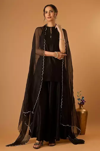 Sleeveless chanderi short kurti and sharara with embroidered katan dupatta in black