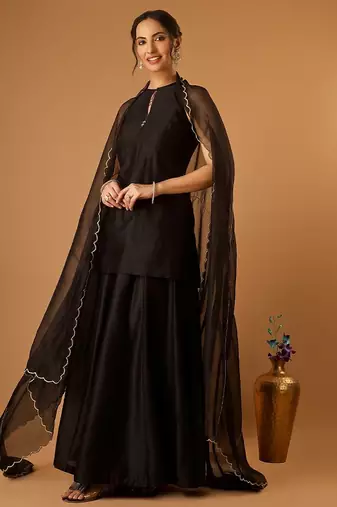Sleeveless chanderi short kurti and sharara with embroidered katan dupatta in black