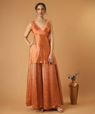 Saffron brown handwoven chanderi kurta sharara set with chanderi zari stripes dupatta 1
