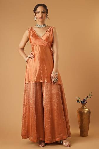 Saffron brown handwoven chanderi kurta sharara set with chanderi zari stripes dupatta