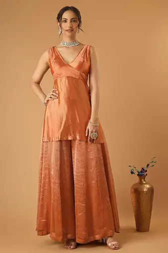 Saffron brown handwoven chanderi kurta sharara set with chanderi zari stripes dupatta