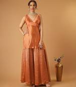 Saffron brown handwoven chanderi kurta sharara set with chanderi zari stripes dupatta