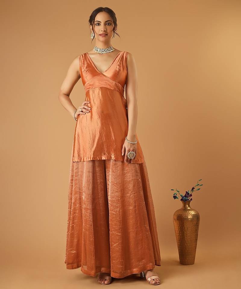 Saffron brown handwoven chanderi kurta sharara set with chanderi zari stripes dupatta