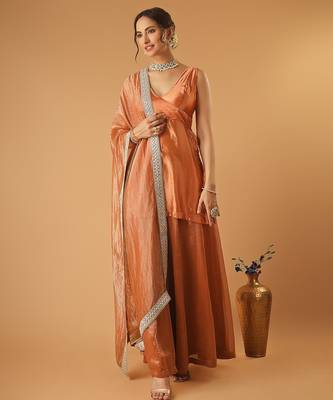 Saffron brown handwoven chanderi kurta sharara set with chanderi zari stripes dupatta 2
