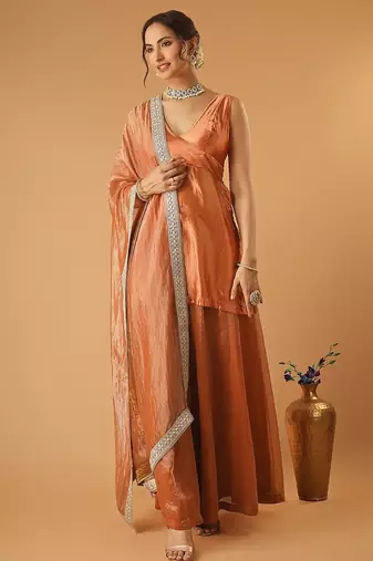 Saffron brown handwoven chanderi kurta sharara set with chanderi zari stripes dupatta