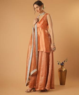Saffron brown handwoven chanderi kurta sharara set with chanderi zari stripes dupatta 3