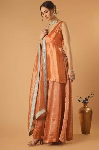 Saffron brown handwoven chanderi kurta sharara set with chanderi zari stripes dupatta