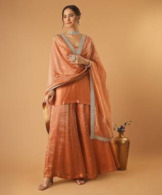 Saffron brown handwoven chanderi kurta sharara set with chanderi zari stripes dupatta 4