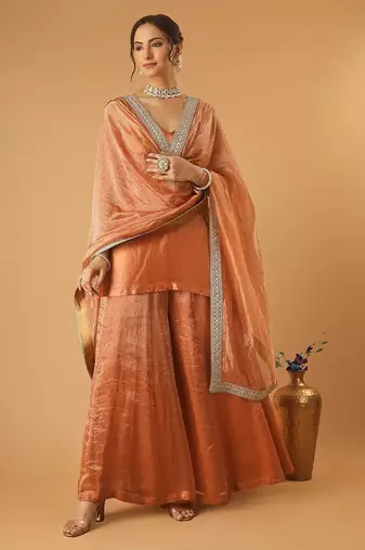 Saffron brown handwoven chanderi kurta sharara set with chanderi zari stripes dupatta