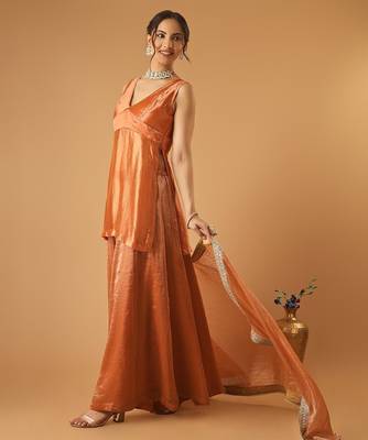 Saffron brown handwoven chanderi kurta sharara set with chanderi zari stripes dupatta 5