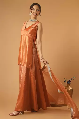 Saffron brown handwoven chanderi kurta sharara set with chanderi zari stripes dupatta