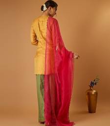Zigzag zari weave yellow short kurta with green palazzo and hot pink katan silk dupatta