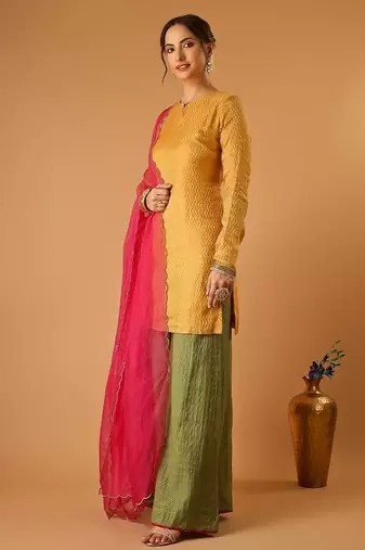 Zigzag zari weave yellow short kurta with green palazzo and hot pink katan silk dupatta