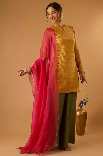 Zigzag zari weave yellow short kurta with green palazzo and hot pink katan silk dupatta
