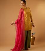 Zigzag zari weave yellow short kurta with green palazzo and hot pink katan silk dupatta