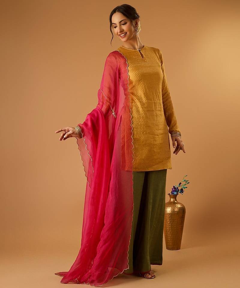 Zigzag zari weave yellow short kurta with green palazzo and hot pink katan silk dupatta