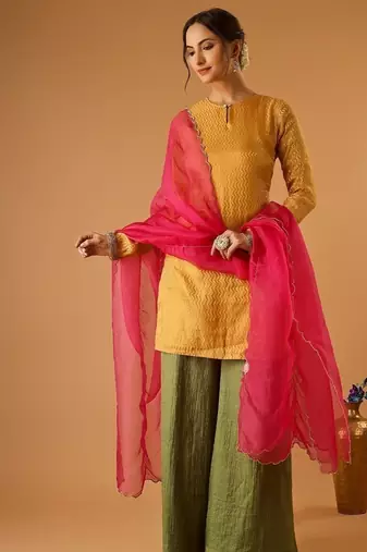 Zigzag zari weave yellow short kurta with green palazzo and hot pink katan silk dupatta
