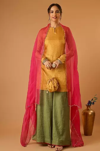 Zigzag zari weave yellow short kurta with green palazzo and hot pink katan silk dupatta