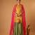Zigzag zari weave yellow short kurta with green palazzo and hot pink katan silk dupatta