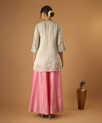 Silver embroidred zari silk wrap kurta with pink sharara & light blue embroidered dupatta 2