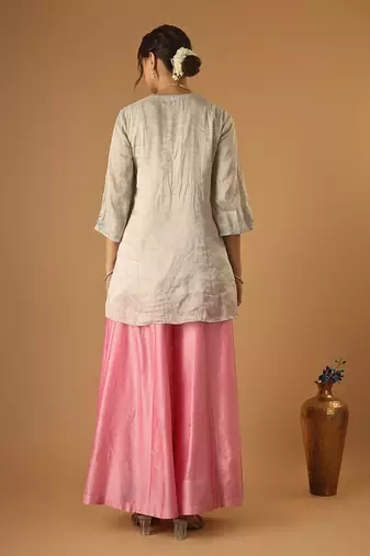 Silver embroidred zari silk wrap kurta with pink sharara & light blue embroidered dupatta