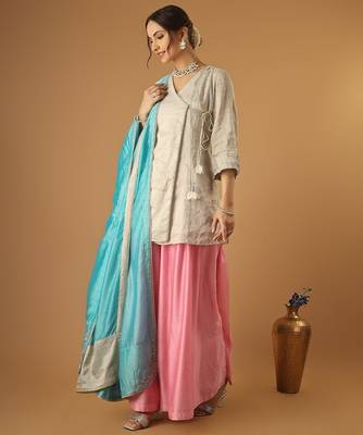 Silver embroidred zari silk wrap kurta with pink sharara & light blue embroidered dupatta 1