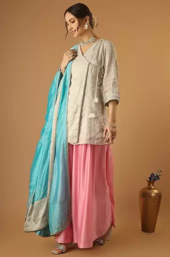 Silver embroidred zari silk wrap kurta with pink sharara & light blue embroidered dupatta
