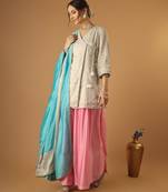 Silver embroidred zari silk wrap kurta with pink sharara & light blue embroidered dupatta