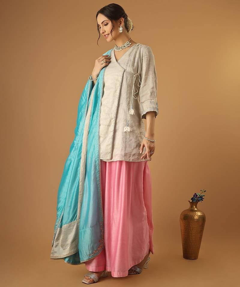 Silver embroidred zari silk wrap kurta with pink sharara & light blue embroidered dupatta