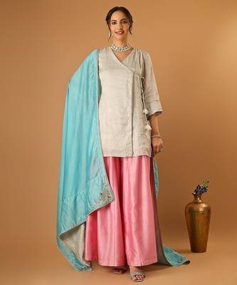 Silver embroidred zari silk wrap kurta with pink sharara & light blue embroidered dupatta 3