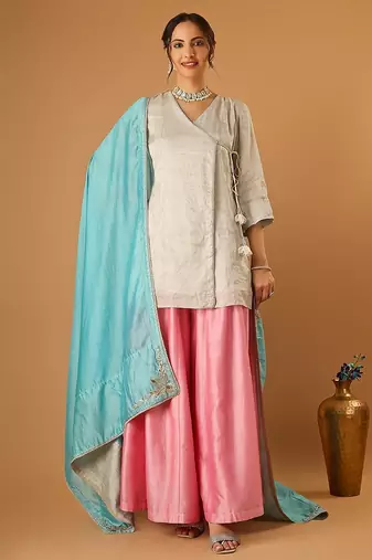 Silver embroidred zari silk wrap kurta with pink sharara & light blue embroidered dupatta