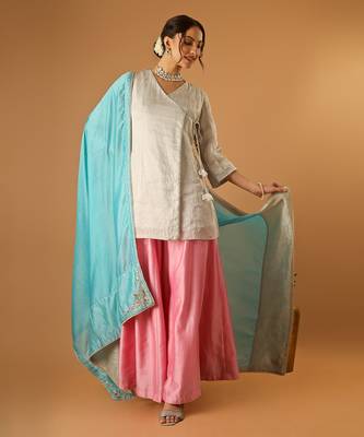 Silver embroidred zari silk wrap kurta with pink sharara & light blue embroidered dupatta 4