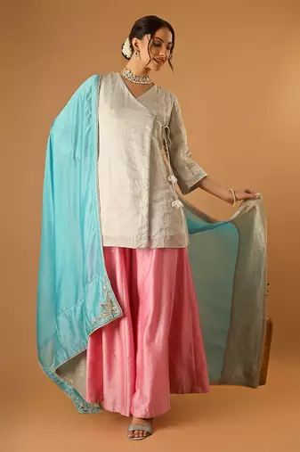 Silver embroidred zari silk wrap kurta with pink sharara & light blue embroidered dupatta