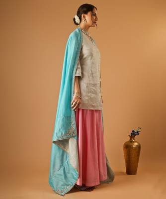Silver embroidred zari silk wrap kurta with pink sharara & light blue embroidered dupatta 5