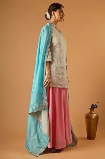 Silver embroidred zari silk wrap kurta with pink sharara & light blue embroidered dupatta