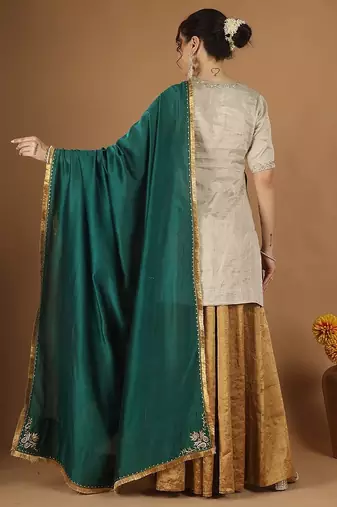 Silver zari kurta & gold zari sharara set with green embroidered dupatta