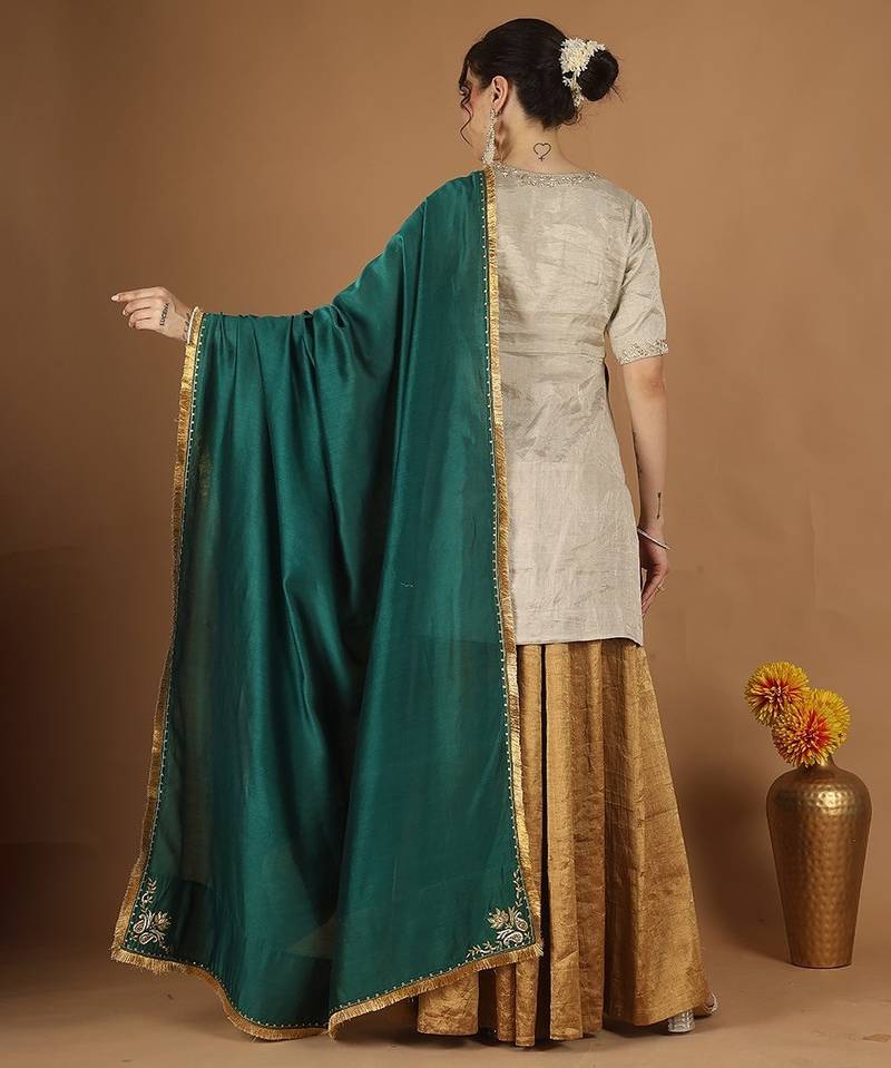 Silver zari kurta & gold zari sharara set with green embroidered dupatta