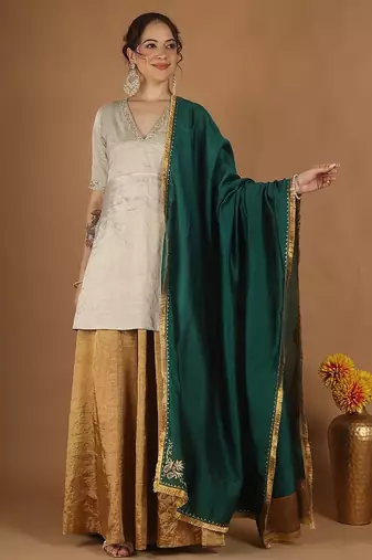 Silver zari kurta & gold zari sharara set with green embroidered dupatta
