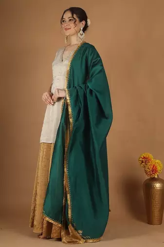 Silver zari kurta & gold zari sharara set with green embroidered dupatta