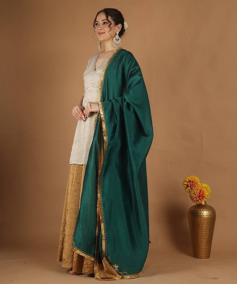 Silver zari kurta & gold zari sharara set with green embroidered dupatta