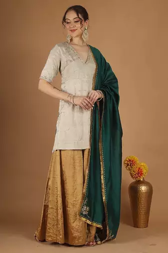 Silver zari kurta & gold zari sharara set with green embroidered dupatta