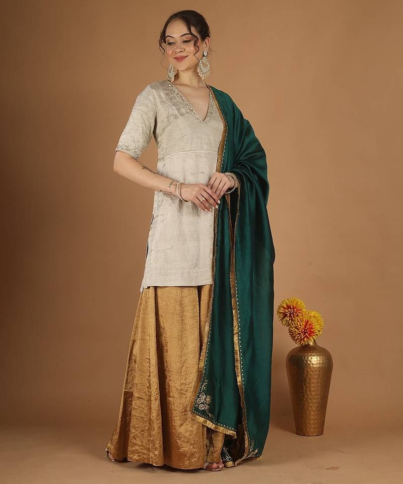 Silver zari kurta & gold zari sharara set with green embroidered dupatta