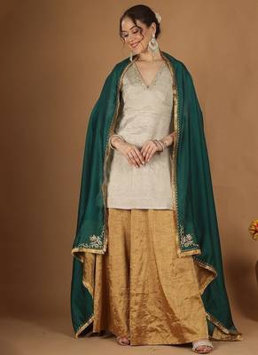 Silver zari kurta & gold zari sharara set with green embroidered dupatta 1