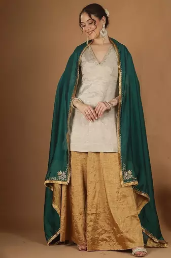Silver zari kurta & gold zari sharara set with green embroidered dupatta
