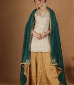Silver zari kurta & gold zari sharara set with green embroidered dupatta